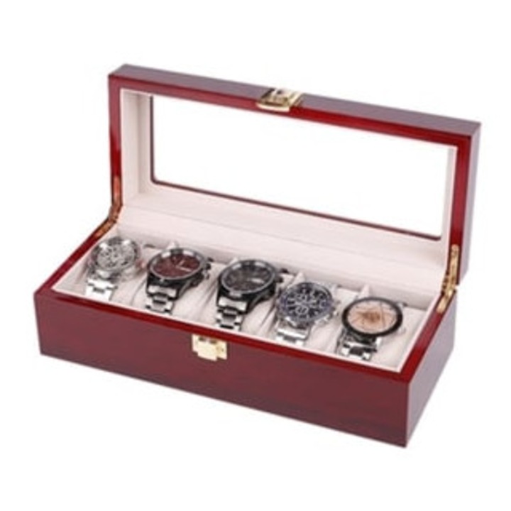 Дървена кутия за часовници, 5 места, прахоустойчива, Gertiz