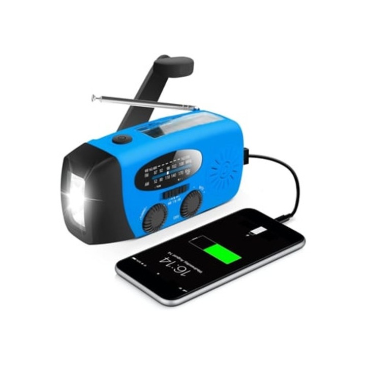 Radio de urgenta cu manivela, 2000mAh, lanterna LED, portabil, AM/FM/NOAA, albastru