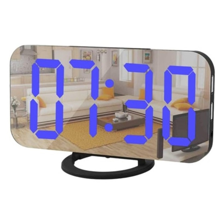 Nagy digitális dekoratív óra LED kijelzővel, 3 fényerősségi szinttel, 2 USB porttal, kék számjegyekkel