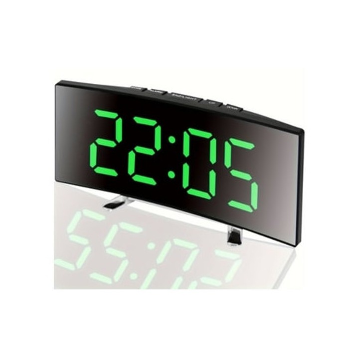 Digitális ébresztőóra ívelt LED kijelzővel, USB-ről táplálva, zöld, otthonra, hálószobába, irodába