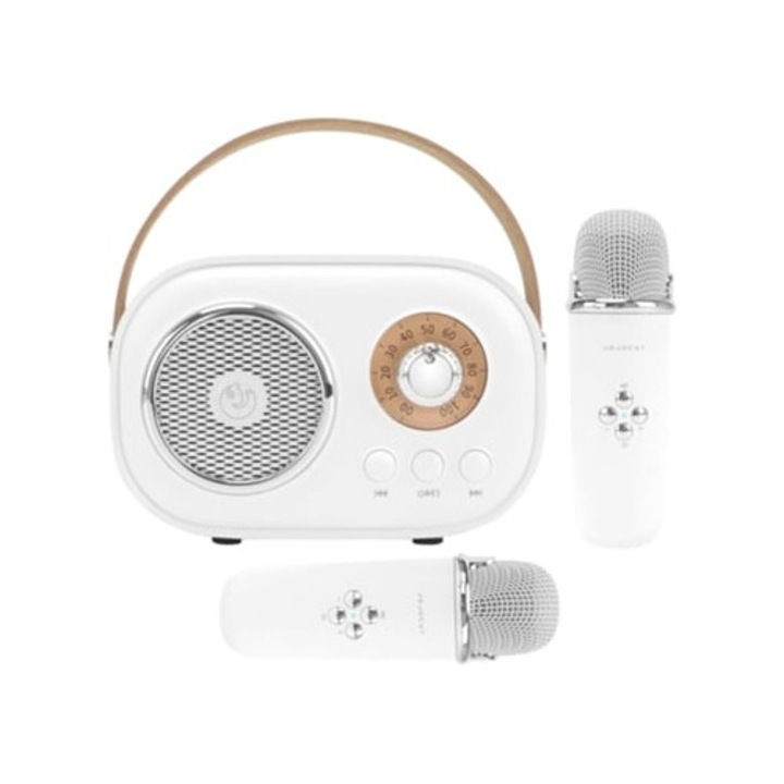Комплект караоке, преносим Bluetooth стерео дифузьор, 2 безжични микрофона, бял