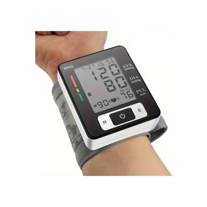 Tensiometru digital de incheietura, cu monitorizare a ritmului cardiac, alimentat cu baterii
