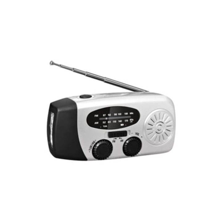 Преносимо радио с манивела и соларно зареждане, Gertiz, LED, 2000mAh, сребристо