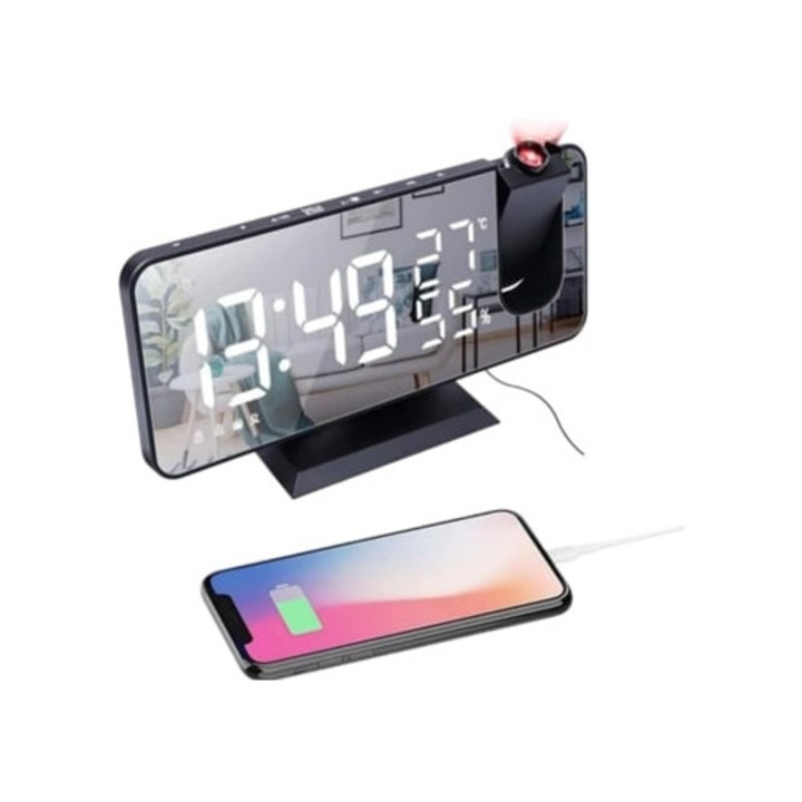 Ceas desteptator cu proiectie, radio digital, proiector rotativ 180°, negru
