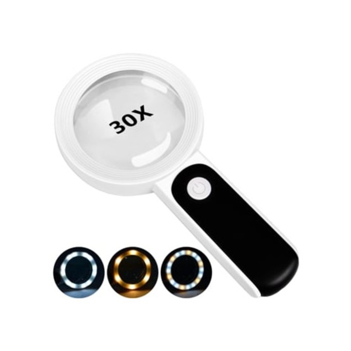 Lupa portabila iluminata 30x cu 18 LED-uri, 3 moduri, alb
