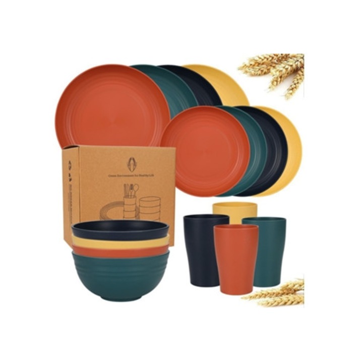 16 darabos búzaszalma evőeszközkészlet, újrafelhasználható tányérok és tálak, Macarons