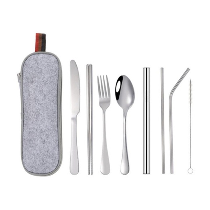 Evőeszközkészlet, hordozható, rozsdamentes acél, 8 darab, ezüst