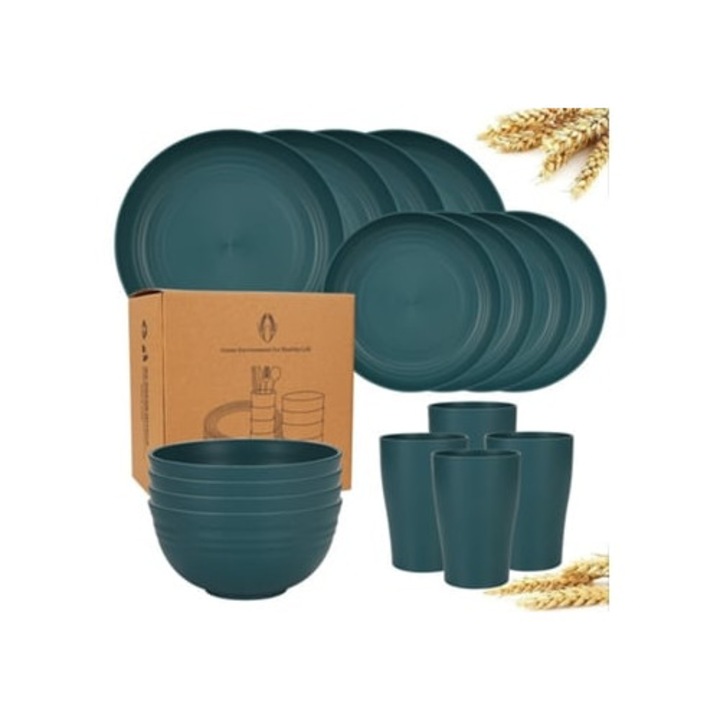 16 darabos, újrafelhasználható búzaszalma evőeszköz készlet, zöld