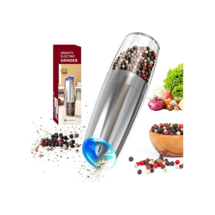 Rasnita electrica pentru piper, Gertiz, din otel inoxidabil, alimentata cu baterii, grosime ajustabila, argintie