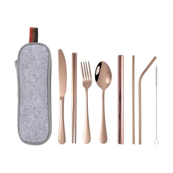 Hordozható rozsdamentes acél evőeszköz készlet, 8 darabos, rozéarany