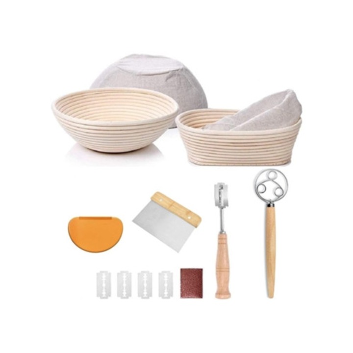 Set cosuri de fermentare pentru paine oval 10 inch si rotund 9 inch cu unelte de facut paine Gertiz