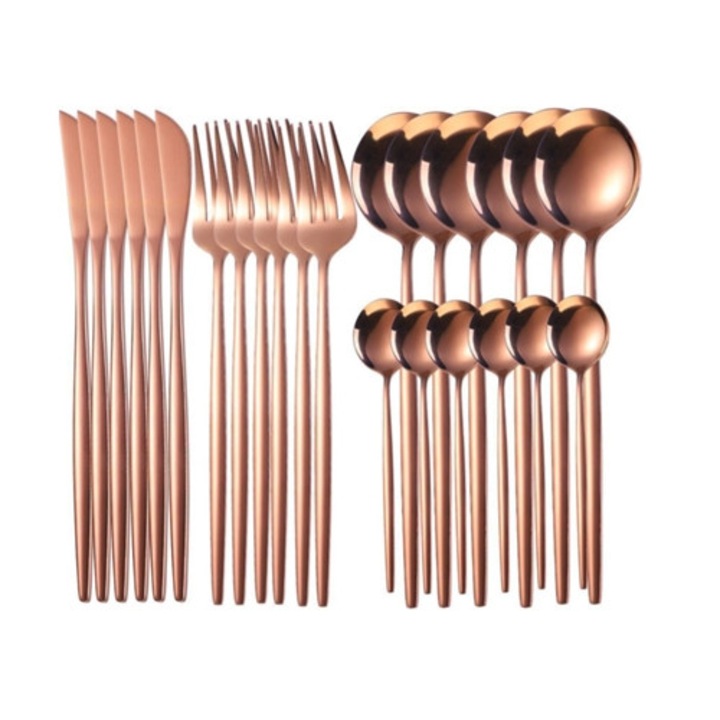 24 darabos rozé arany rozsdamentes acél evőeszközkészlet, családi étterembe