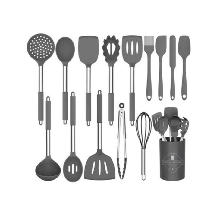 Set 15 Ustensile de Bucatarie Inox si Silicon Gri