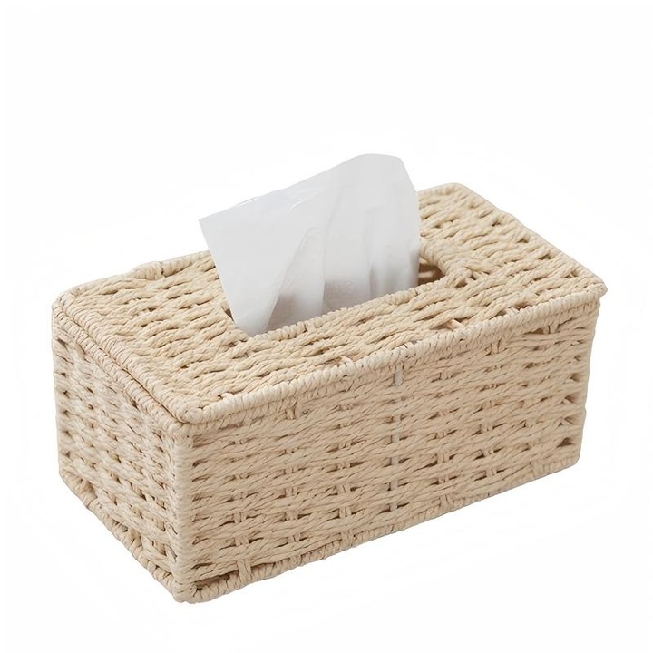Suport servetele, cutie de servetele din ratan tesut, aspect elegant si stilat, durabil, pentru birou/casa/masina, aproape alb