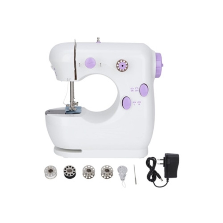 Masina de cusut portabila desktop mini, doua viteze, violet, compatibila UE
