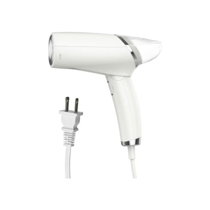 Парна ютия за пътуване, с видим резервоар за вода, бяла