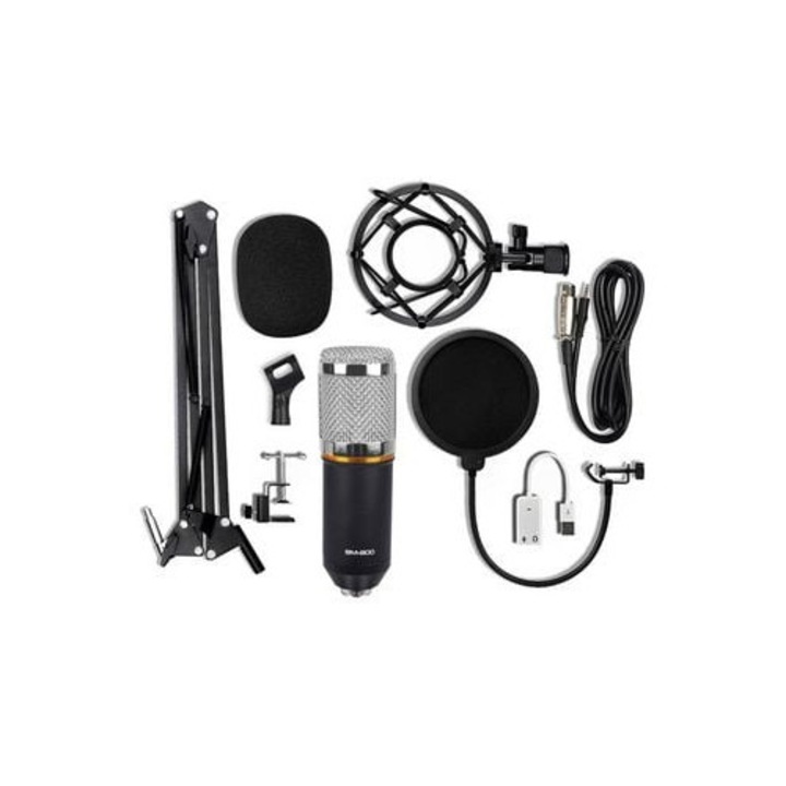 Set microfon condensator USB Bm-800, alb, pentru inregistrare si broadcasting