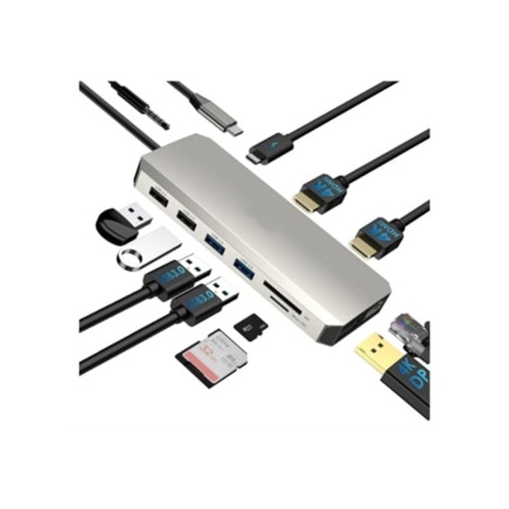 Hub USB C 12-in-1, docking station pentru laptop, adaptor multiport, dual HDMI 4K, PD 100W