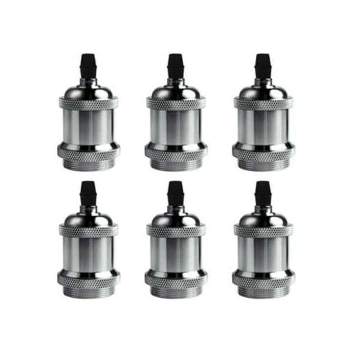 Set de 6 socluri E27 vintage pentru becuri Edison, soclu de tavan retro cu adaptor de crom