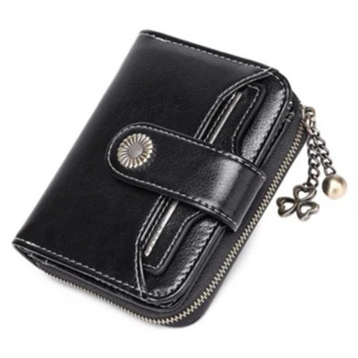 Дамско портмоне, сгъваемо, функционален дизайн, черна кожа, 15x15x10см