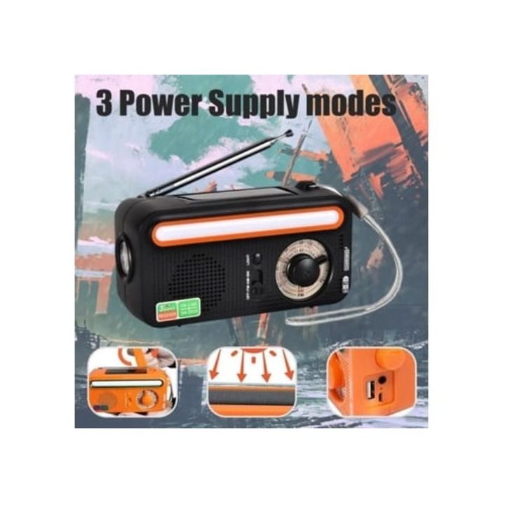 Radio de urgenta HURRISE portabil cu solar si manivela, multiband AM FM WB, functie video separata
