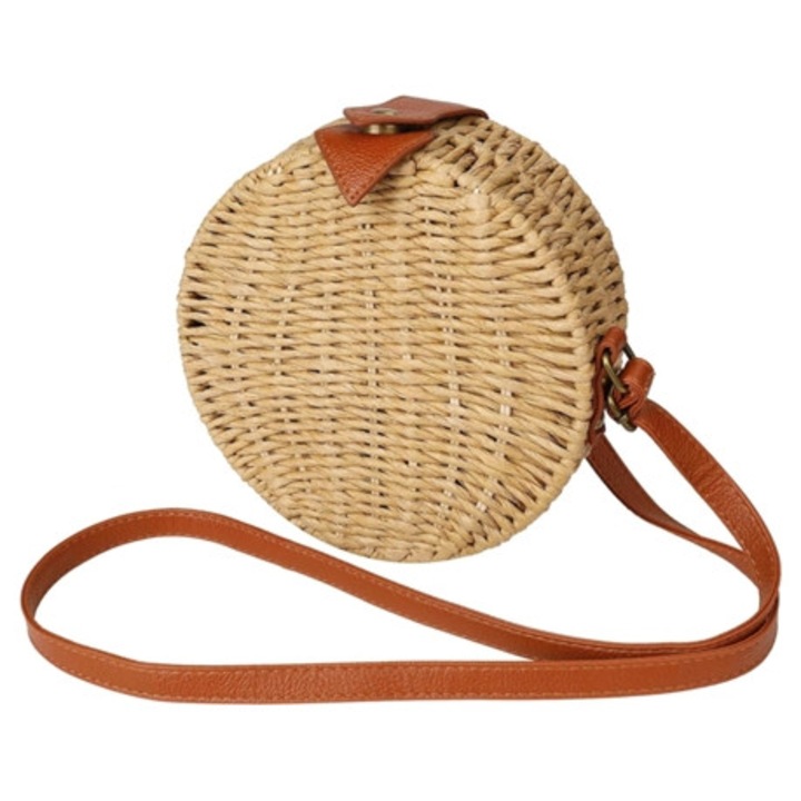 Női kör alakú táska, természetes anyag, masnis záródás, virágos bélés, barna, 20x20x8cm