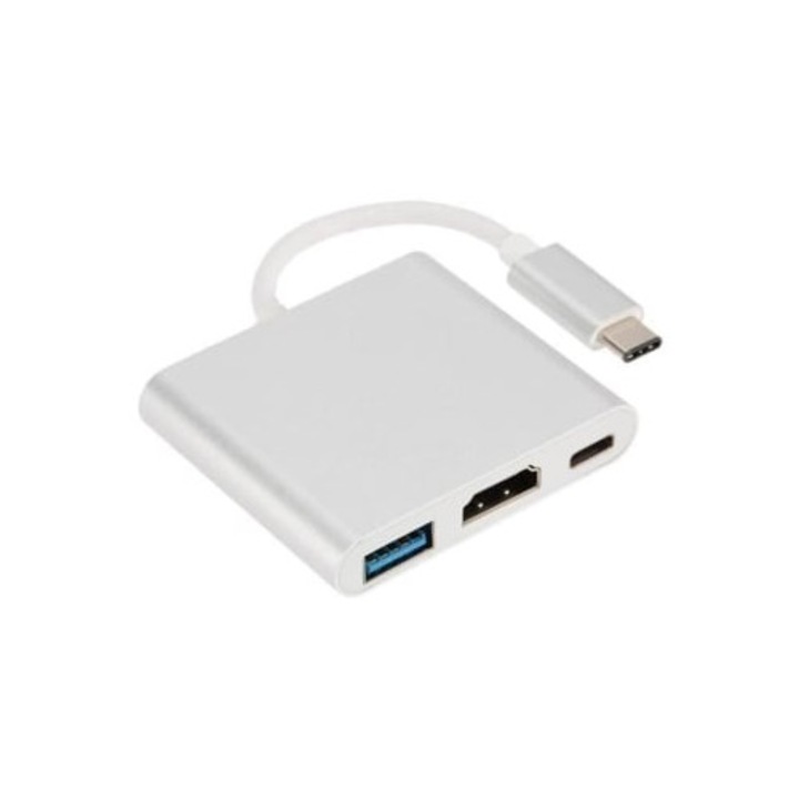 Hub USB 3.1 Tip C, adaptor masculin, HDMI, USB 3.0, alb