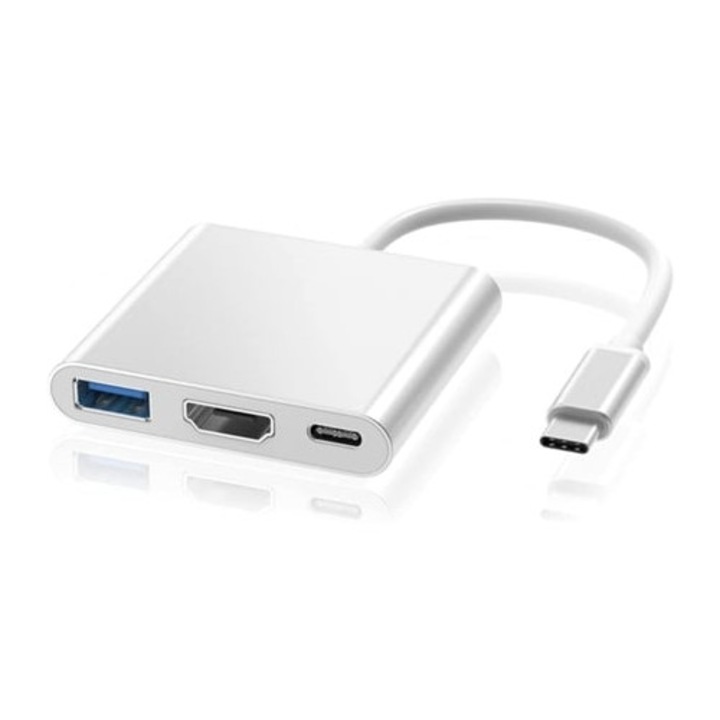 Adaptor USB C la HDMI 4K, multiport, alb, cu port de incarcare USB 3.0