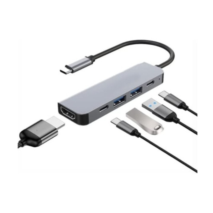 USB C Hub 5 az 1-ben, 4K HDMI, 100W PD, ezüst