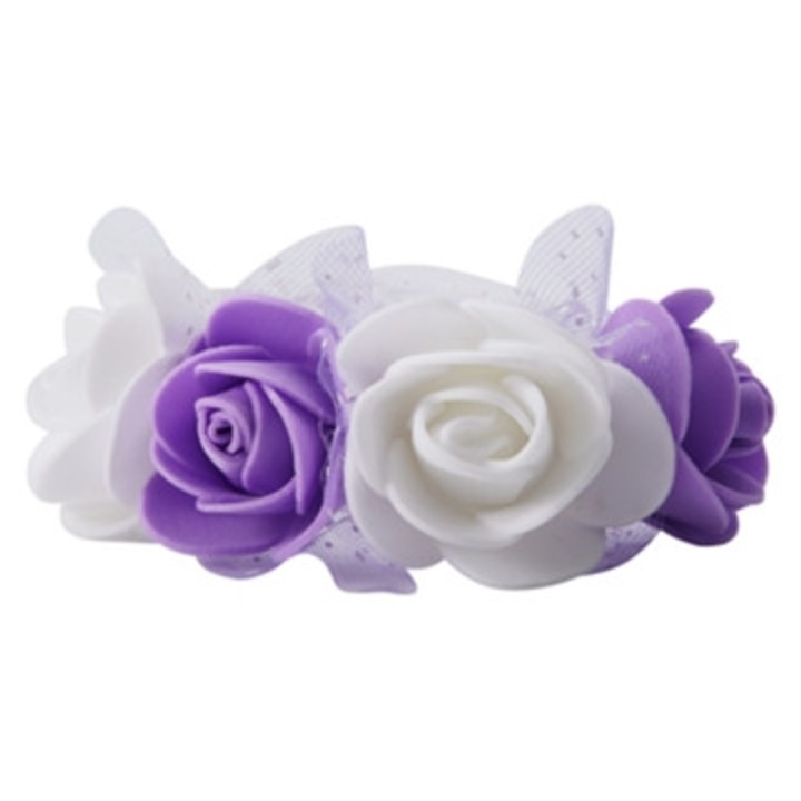 Set bratari de mireasa din dantela cu flori artificiale, alb si mov