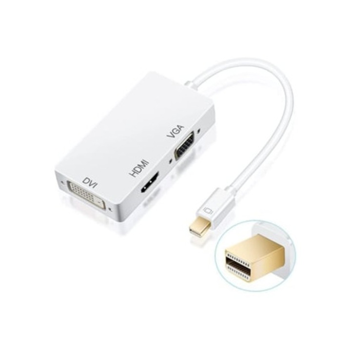 Cablu adaptor Mini Displayport 3 in 1 pentru HDMI/DVI/VGA, alb