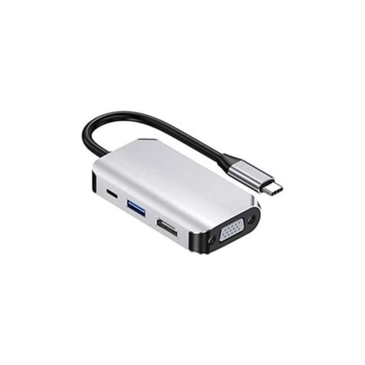 Hub USB Type-C 4-in-1, adaptor multiport, HDMI 4K, VGA 1080P, 3x USB