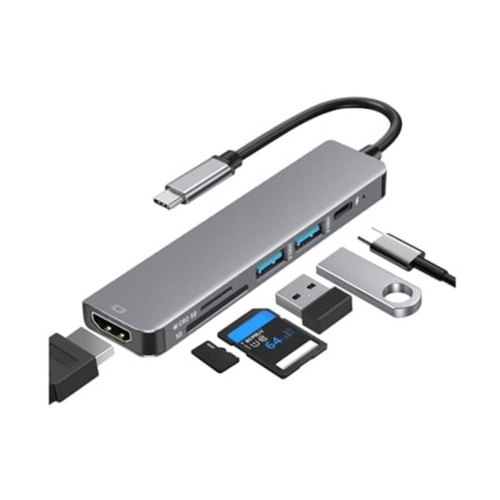 Hub USB C 6 in 1, HDMI 4K, 1 USB 3.0, 1 USB 2.0, incarcare PD 60W