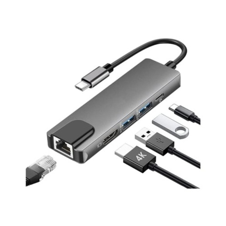 Hub USB-C 5 in 1, HDMI 4K, Ethernet 100M, alimentare 100W, 2 USB 3.0, gri