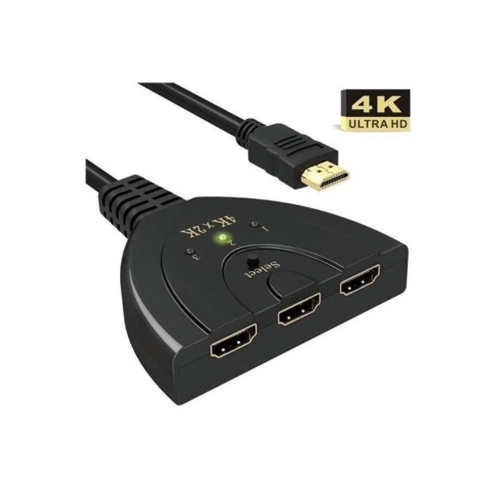Switch HDMI 4K, 3-Port HDMI Splitter, 3D, negru