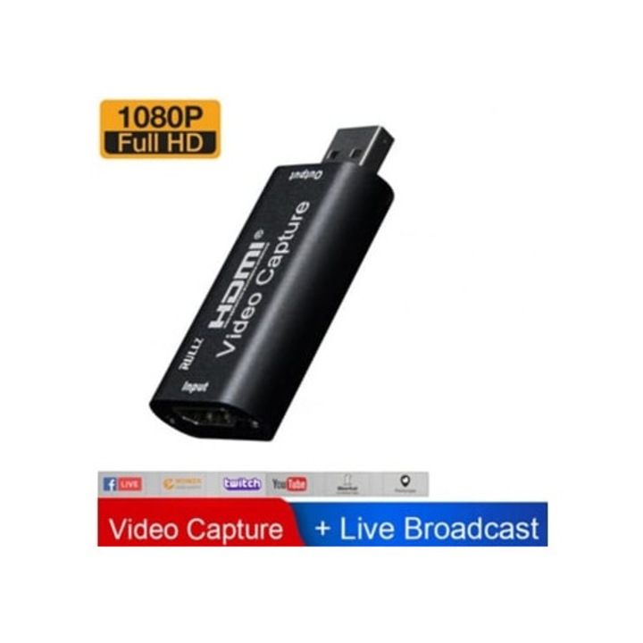 HDMI карта за заснемане на видео, HDMI към USB 2.0 адаптер, черен
