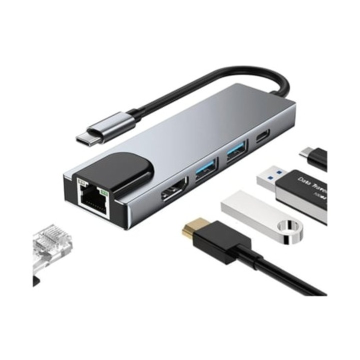 Statie de andocare USB C 5 in 1, adaptor Tip C, HDMI 4K, 2 USB 3.0, RJ45, 100W