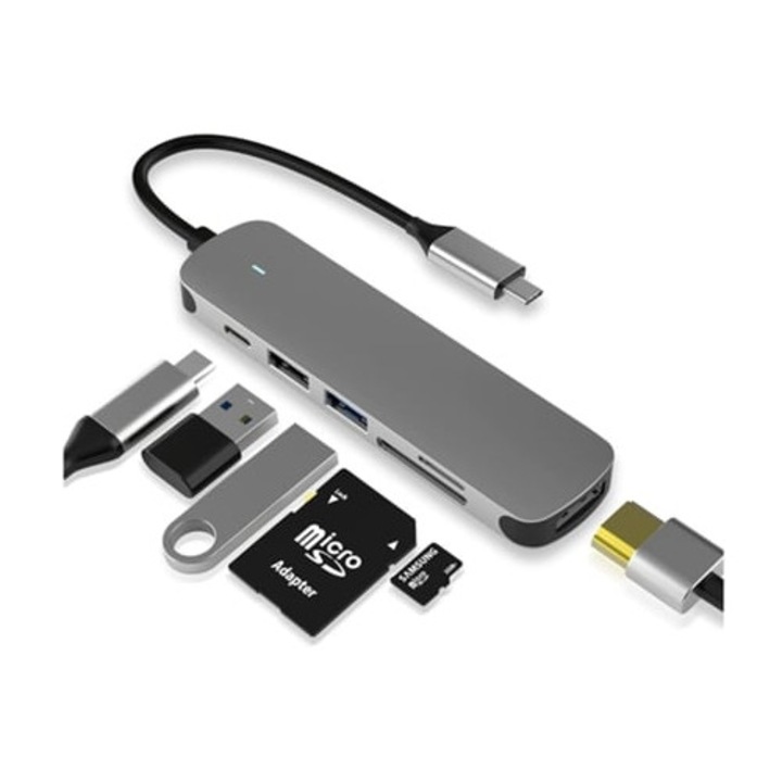 Хъб USB C 6 в 1, USB 3.0 връзка, 4K HDMI, четец за SD/TF карти, сив