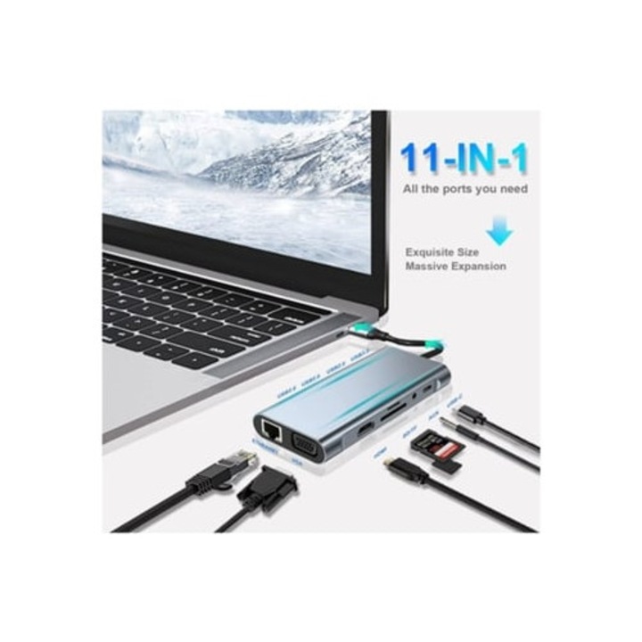 Hub USB C 11-in-1, 4K HDMI, VGA, USB 3.0, RJ45, cititor card SD/TF