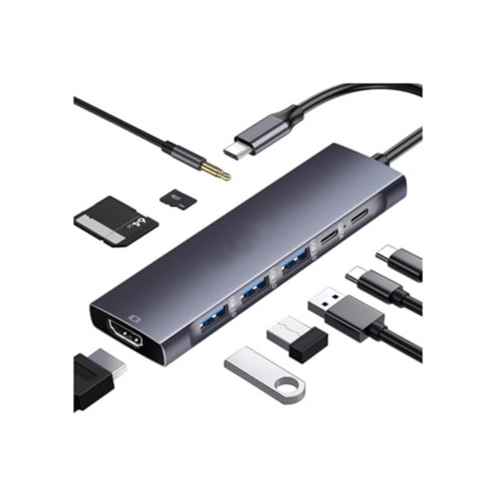 Hub USB C Multiport 9 in 1, 4K HDMI, 3 USB 3.0, 100W PD, gri