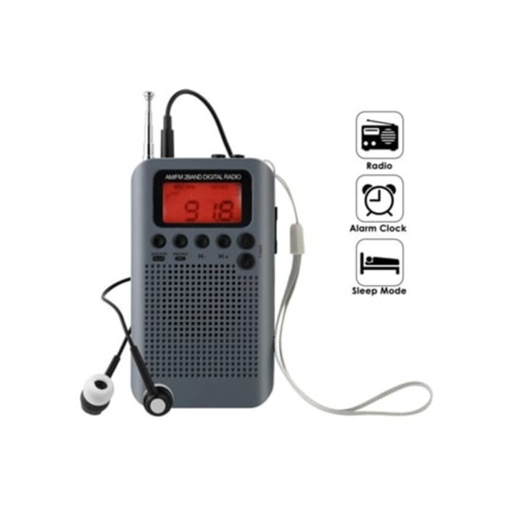 Radio portabil Comsono Dual Band AM/FM, ajustare digitala, casti 3.5mm, gri