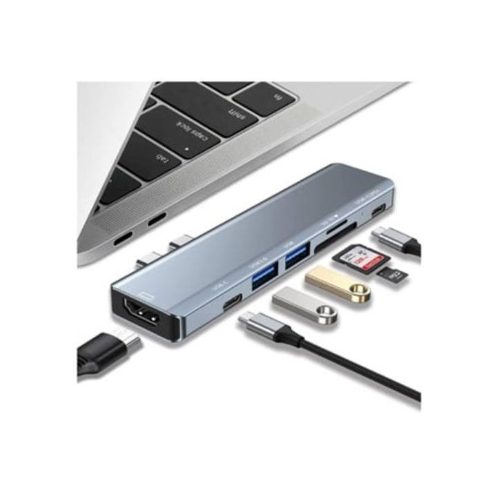 USB C hub 7 az 2-ben, 4K HDMI, SD/TF kártyaolvasó, fekete