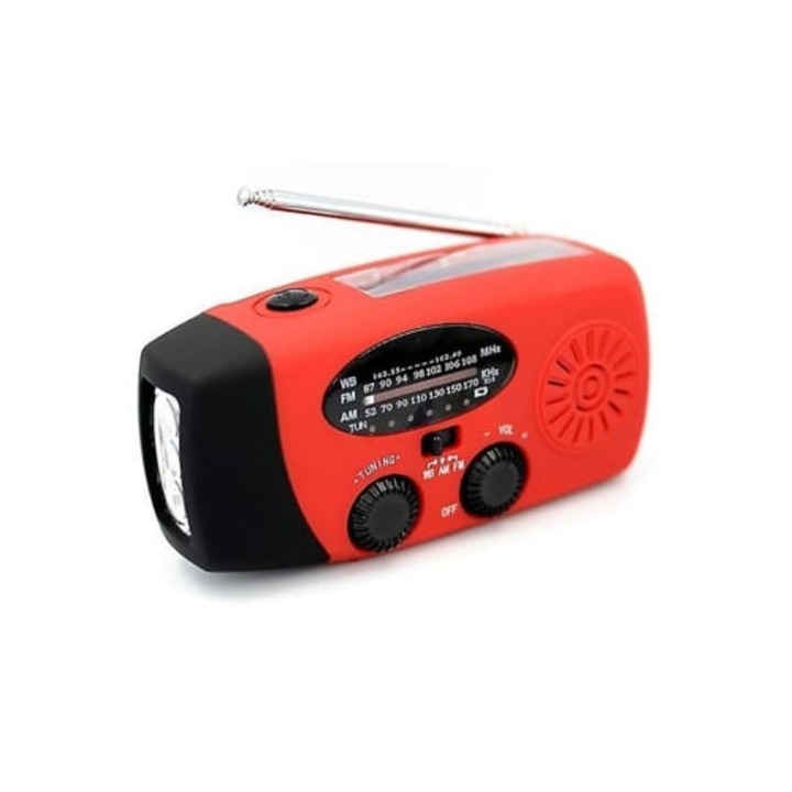 Hordozható rádió kézi hajtókarral és napelemmel, power bank funkcióval, piros/fekete