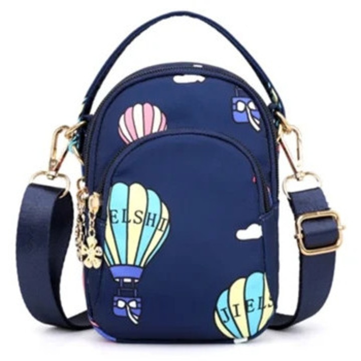 Női válltáska, kék, alumínium, mobiltelefonokhoz, két telefonnak megfelelő méret.