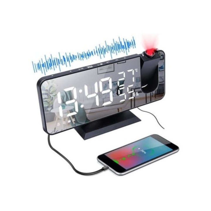 Dekoratív vetítőóra, digitális, 7 hüvelykes, LED, USB töltés