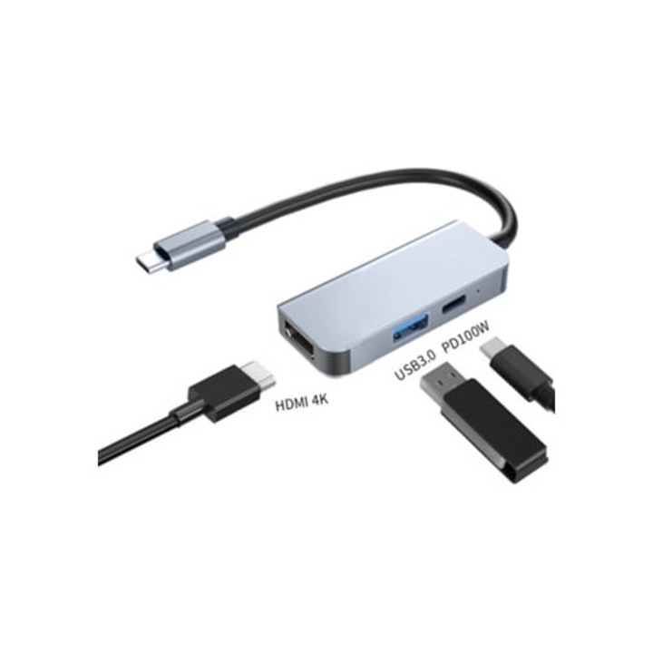 Dock Hub Adaptor 3 in 1 Usb C, HDMI 4K, Usb 3.0, 100W