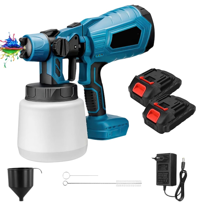 Pistol electric de vopsit fara fir, pistol electric de pulverizare, 3 moduri de pulverizare, duza rotativa 360°, 2 acumulatori de 48V, 800 ml, negru-albastru, LuckyLu®