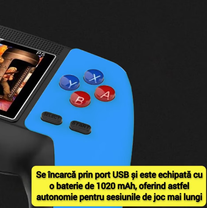 Consola Retro Portabila cu 520 Jocuri, Conectare TV prin Cablu AV, Ecran 7.5 cm, Baterie Li-Ion Reincarcabila, 1020 mAh - Albastru