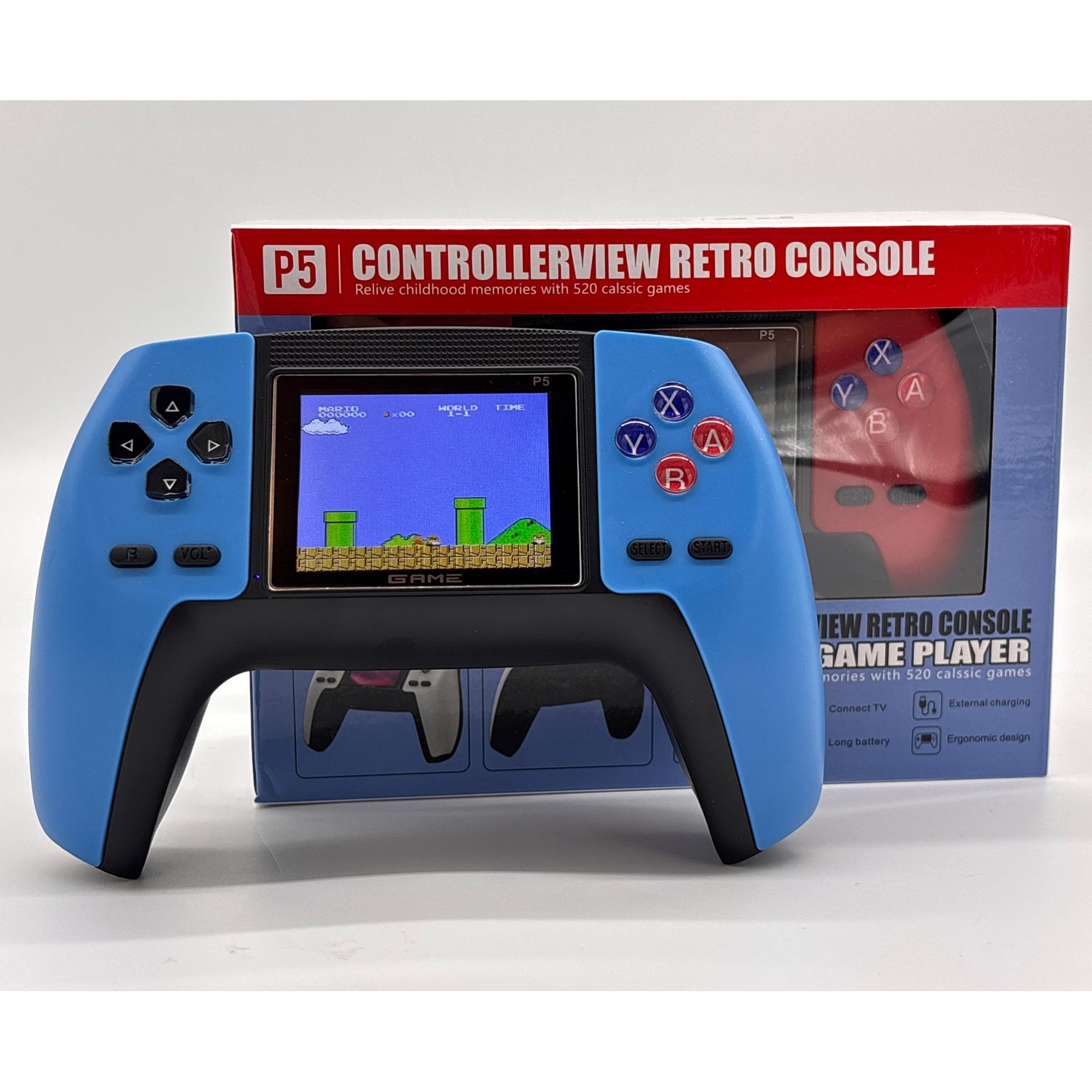 Consola Retro Portabila cu 520 Jocuri, Conectare TV prin Cablu AV, Ecran 7.5 cm, Baterie Li-Ion Reincarcabila, 1020 mAh - Albastru