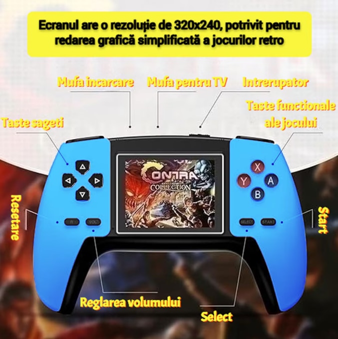 Consola Retro Portabila cu 520 Jocuri, Conectare TV prin Cablu AV, Ecran 7.5 cm, Baterie Li-Ion Reincarcabila, 1020 mAh - Albastru